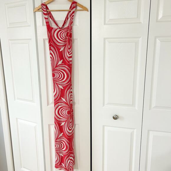 Free People Red Swirl Print Maxi Dress Open Back Cross Strap Bodycon Size S - Picture 2 of 6
